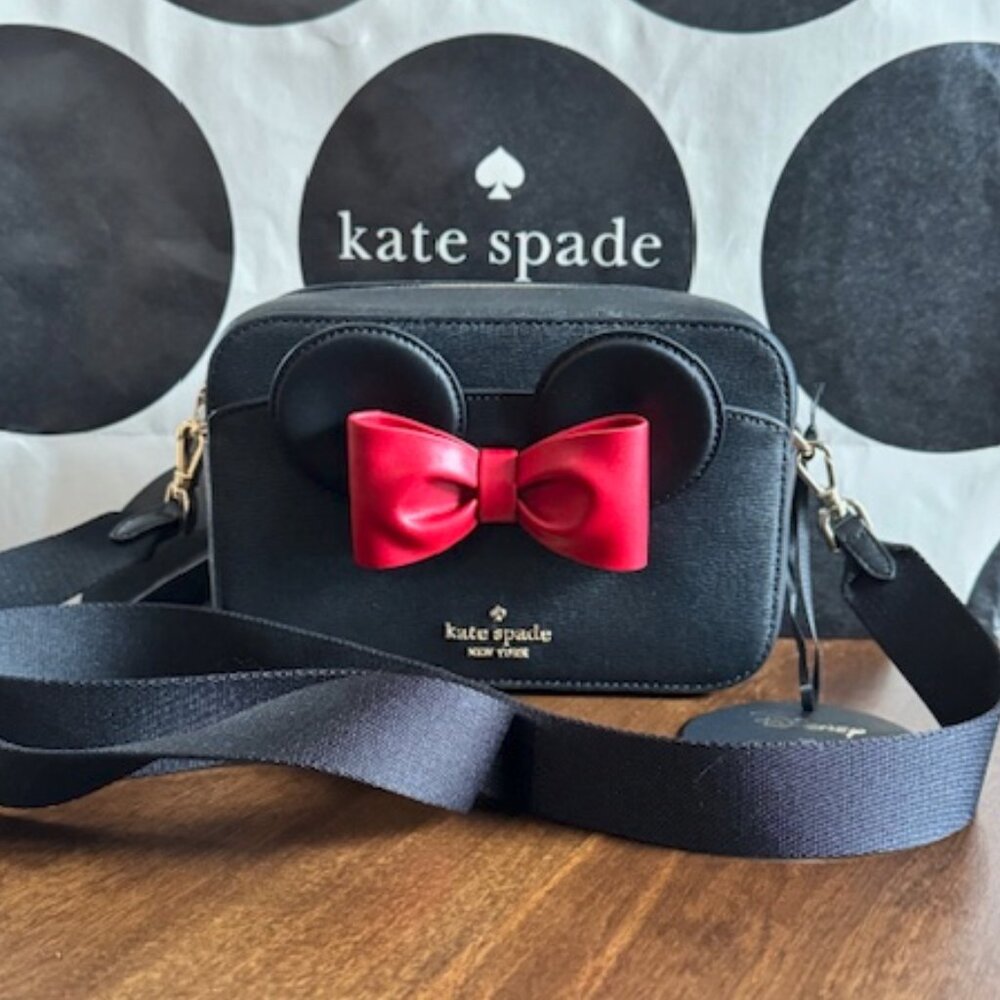Kate Spade x Disney Minnie Mouse Mini Camera Crossbody Black Purse Red Bow $329